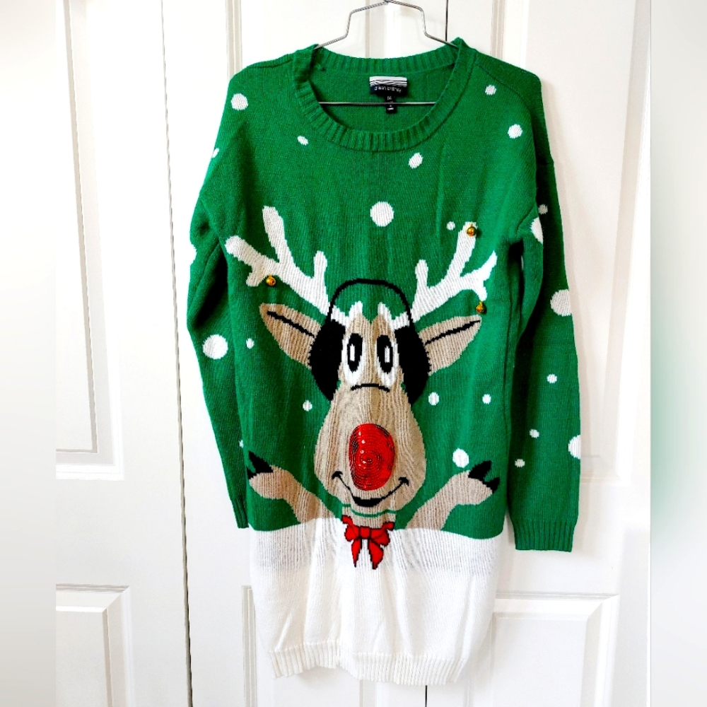 Green Snowy‎ Rudolph Sweater Dress Medium Ugly Christmas Sweater Holiday